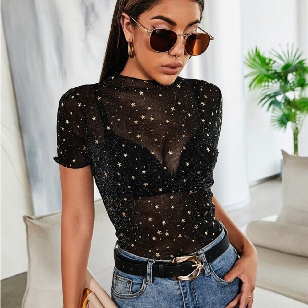 NWT Black Starry Sheer Top